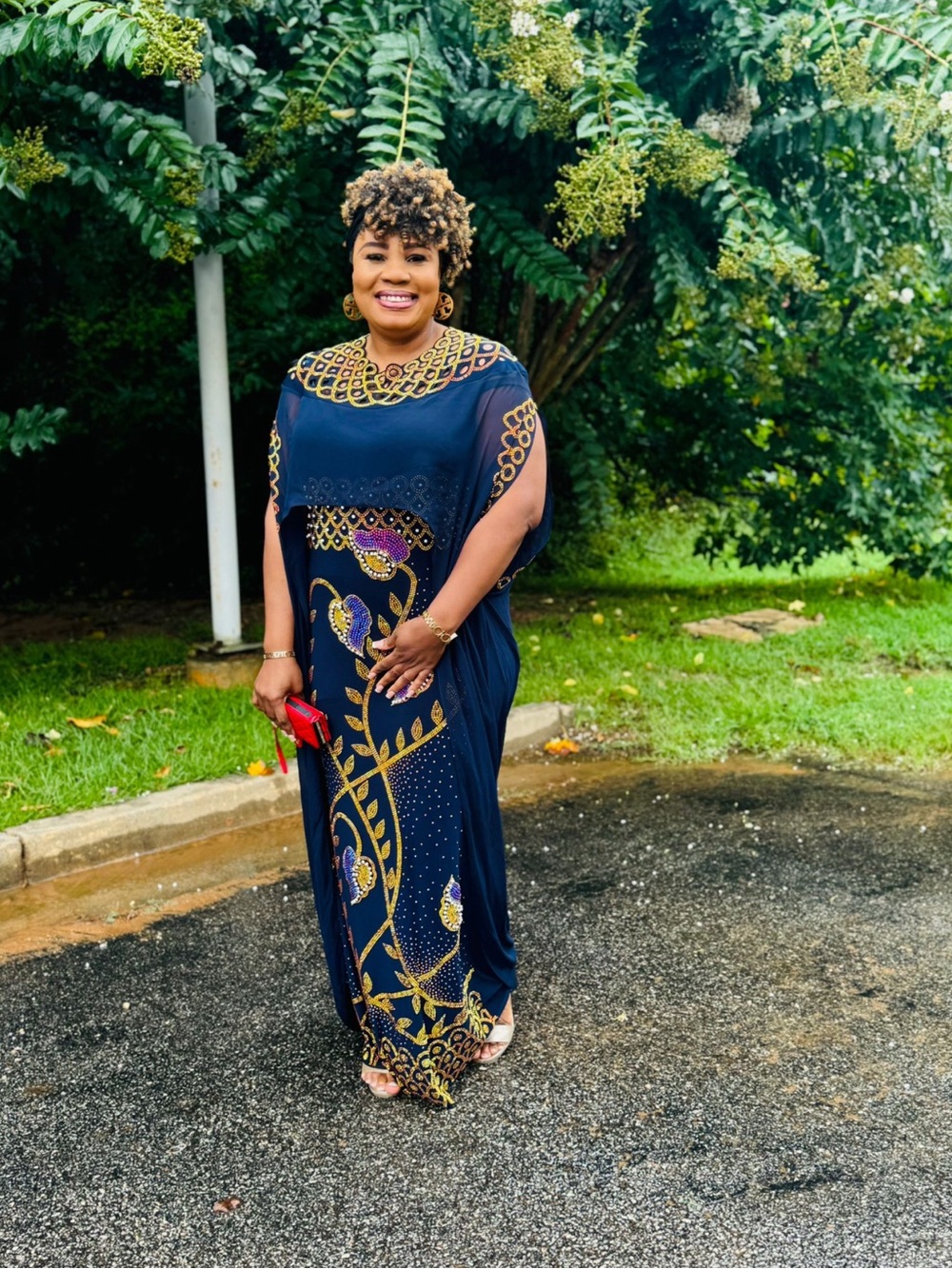 Navy Blue Embellished Maxi Dress with Gold Accents available size 14 and 16